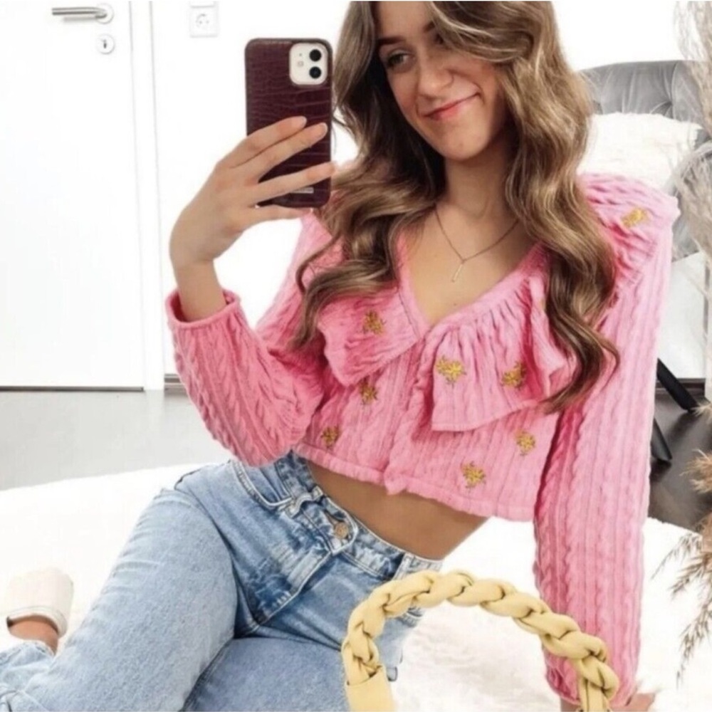 Zara pink ruffle cardigan front button size Large